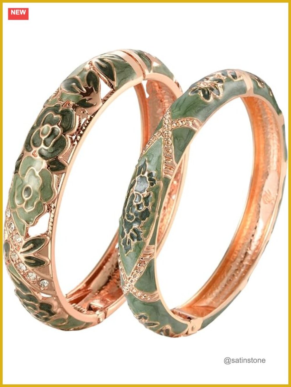 Vintage Cloisonne Enameled Rhinestone Rose Hinged Cuff Bracelet Bangles Set